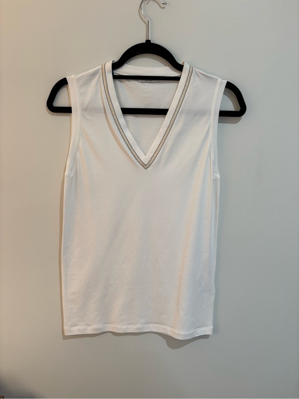 Sleeveless V-Neck White Women's Top with Metallic Trim